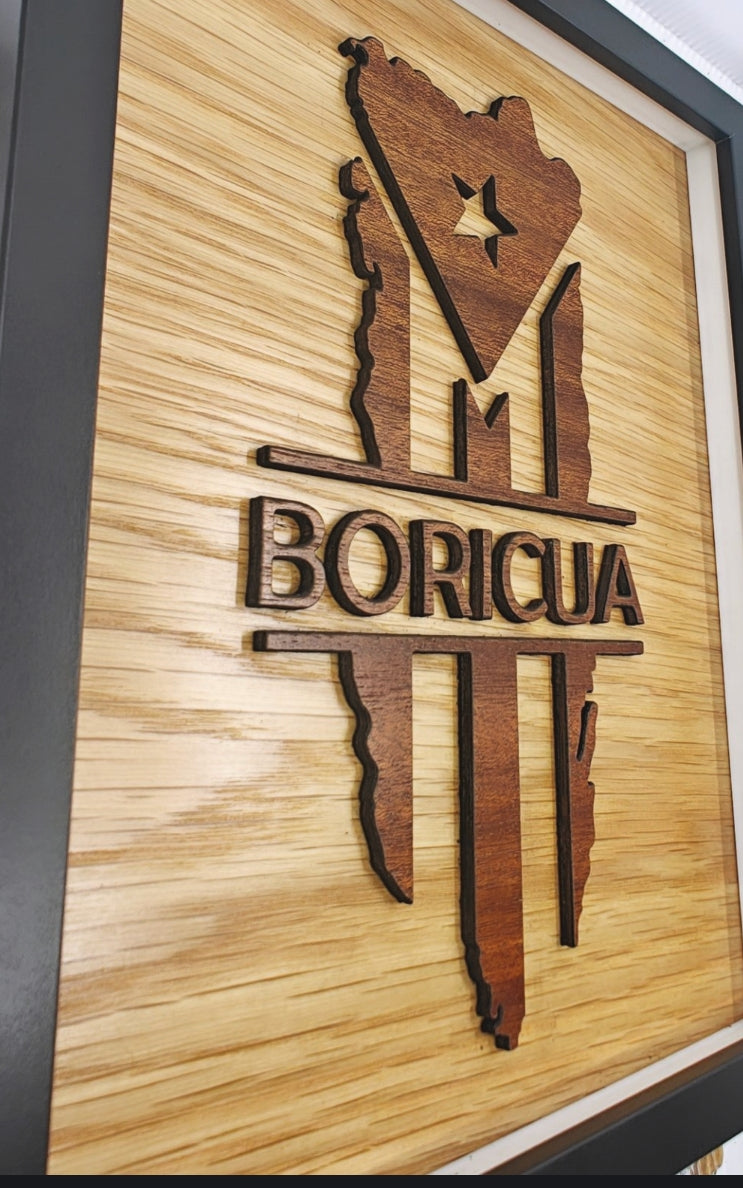Detalle del efecto tridimensional en cuadro de madera de Puerto Rico.