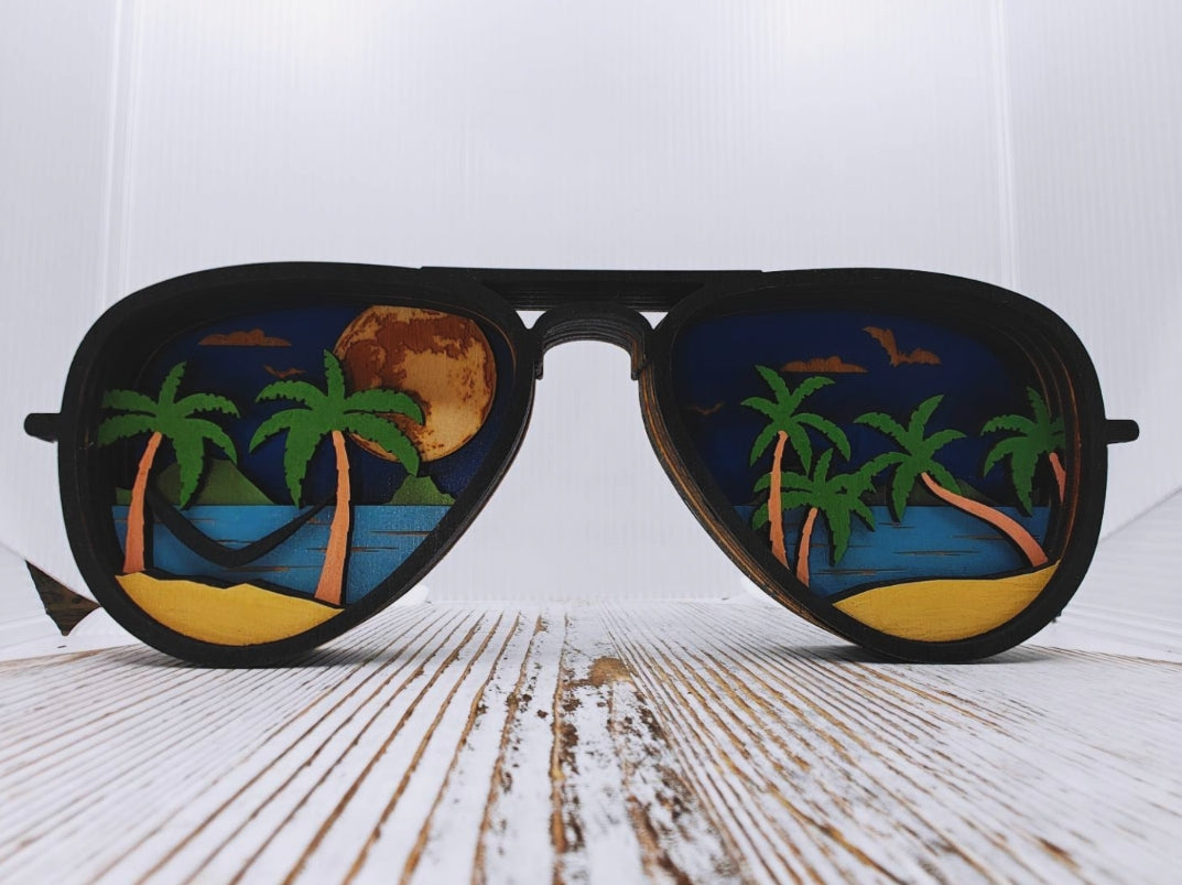 Cuadro decorativo de escritorio Gafas Tropicales de madera, pieza completa de 9.4x3.4 pulgadas, Taller TuYo